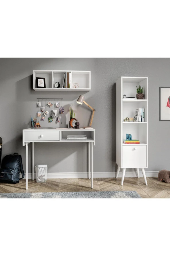 MERLİN MOBİLYA Major Beyaz 3 Duvara Monte Parçalık Çalışma Masası Seti