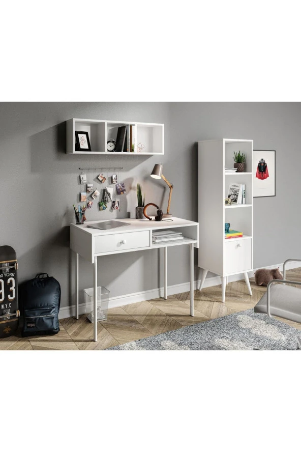 MERLİN MOBİLYA Major Beyaz 3 Duvara Monte Parçalık Çalışma Masası Seti - 2