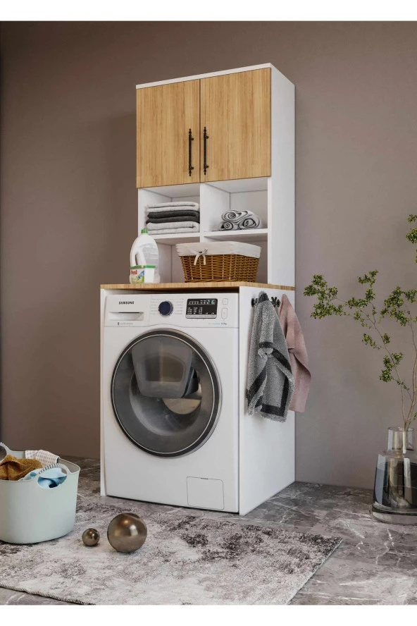 MERLİN MOBİLYA Bone 2 Kapaklı 7 Bölmeli Çamaşır Makinası Dolabı