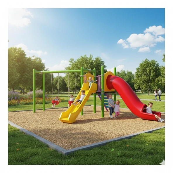 Çocuk Oyun Parkı İki Kaydıraklı, Salıncak İlaveli 6.5x4.5m ürün görseli 1