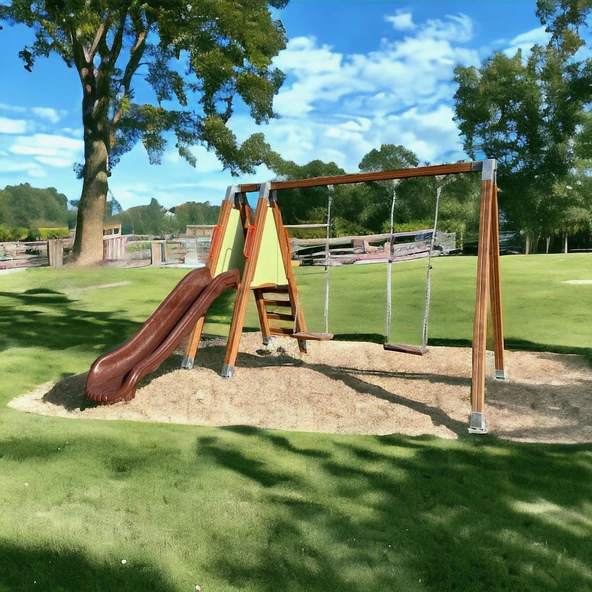 Ahşap Çocuk Parkı SG0938, Tek Kaydıraklı ve İkili Salıncaklı Model - 6