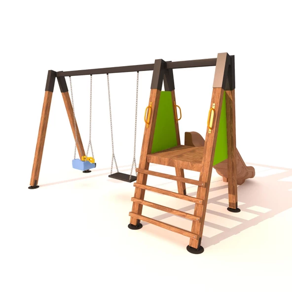 Ahşap Çocuk Parkı SG0938, Tek Kaydıraklı ve İkili Salıncaklı Model - 2