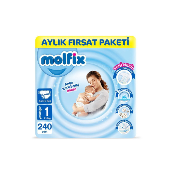 Molfix Bebek Bezi 1 Beden Yenidoğan Aylık Fırsat Paketi 240 Adet