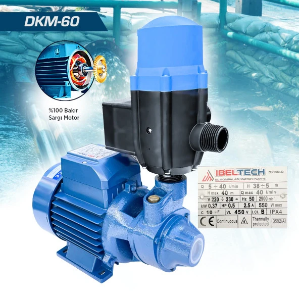 Rowemax İbeltech BAKIR-DKM60 0.37KW 0.5HP 1" Bakır Sargılı Paket Hidrofor Sistem Su Pompa Motoru - 4