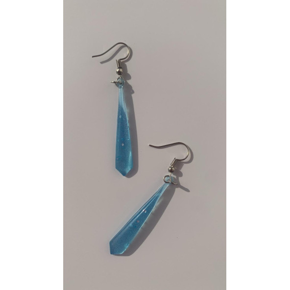 Mavi Renkli Parlak Simli Pullu Glitterli Gümüş Aksesuar Minik Piramit Şekil Sallantılı Epoksi Küpe - Resim 6