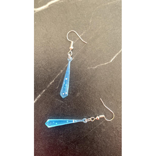 Mavi Renkli Parlak Simli Pullu Glitterli Gümüş Aksesuar Minik Piramit Şekil Sallantılı Epoksi Küpe - Resim 7