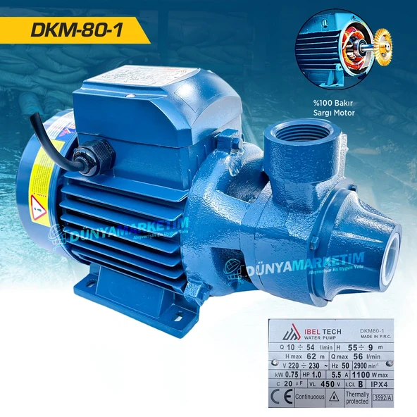 Germany Style İbeltech Bakır Sargılı 62 Metre DikBasar Su Pompa Motoru DKM-80-1 0.75 KW 1 HP 1" - 2