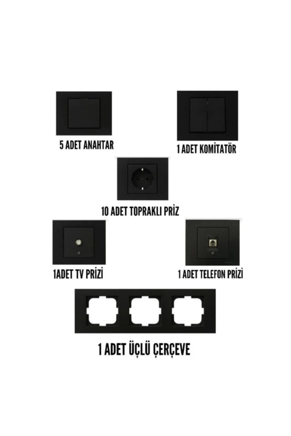 Grano Siyah Set (10 Anahtar+3 Komütatör+20 T.priz+tv+telefon+1 Üçlü+3 İkili+15 Tekli Çerçeve) - 2