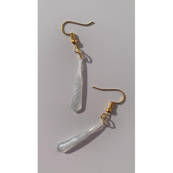 Şeffaf Beyaz Renkli Sedefli Gold Aksesuar Minik Piramit Şekil Sallantılı Epoksi Küpe El Yapımı - Resim 4