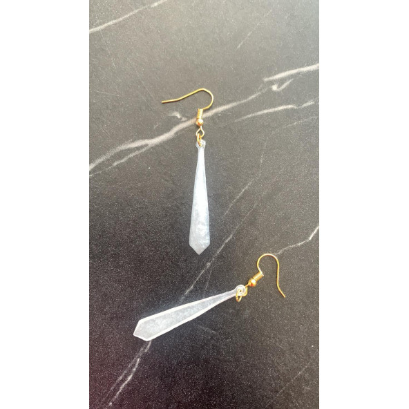 Şeffaf Beyaz Renkli Sedefli Gold Aksesuar Minik Piramit Şekil Sallantılı Epoksi Küpe El Yapımı - Resim 6