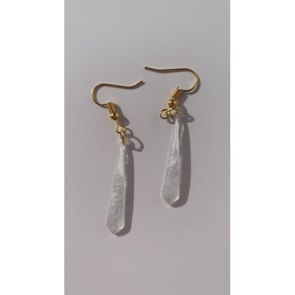 Şeffaf Beyaz Renkli Sedefli Gold Aksesuar Minik Piramit Şekil Sallantılı Epoksi Küpe El Yapımı - Resim 7