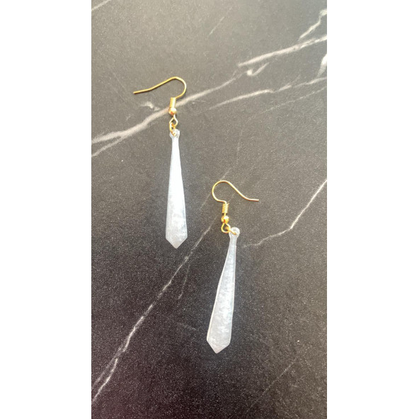 Beyaz Sedefli Renkli Gold Aksesuarlı Büyük Piramit Şekil Sallantılı Epoksi Küpe Hediyelik - Resim 8