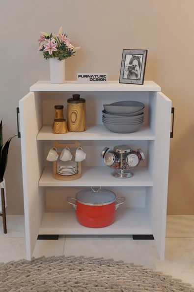 FurnatureDesign 2 Kapaklı Çok Amaçlı Dolap Raflı Erzak Dolabı Mutfak Dolabı - Beyaz - 2