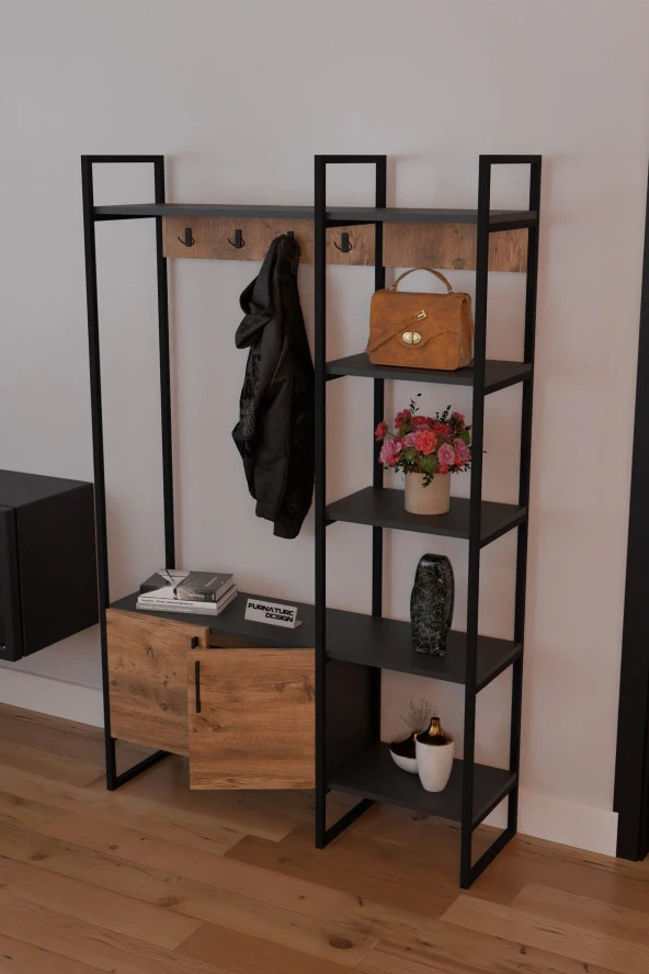 FurnatureDesign Metal Portmanto Elbise Askılığı Ayakkabılık Bölmeli Vestiyer - Antrasit & Atlantik Çam