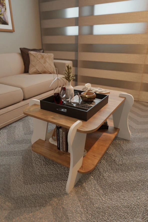FurnatureDesign Soul Orta Sehpa İki Raflı Dekoratif Orta Sehpa Beyaz - Atlantik Çam