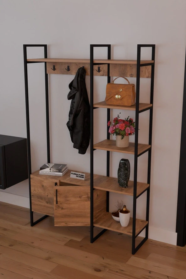 FurnatureDesign Metal Portmanto Elbise Askılığı Ayakkabılık Bölmeli Vestiyer - Atlantik Çam