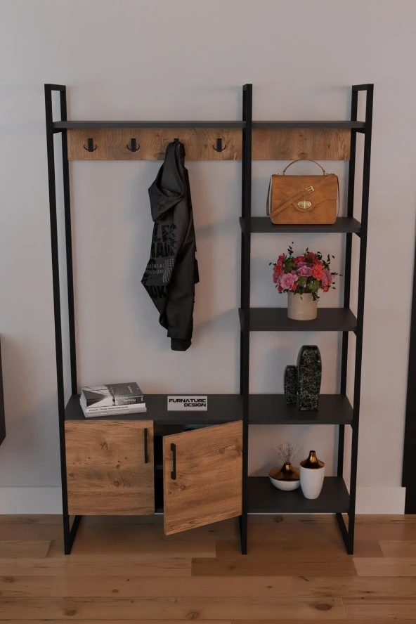 FurnatureDesign Metal Portmanto Elbise Askılığı Ayakkabılık Bölmeli Vestiyer - Antrasit & Atlantik Çam - 2
