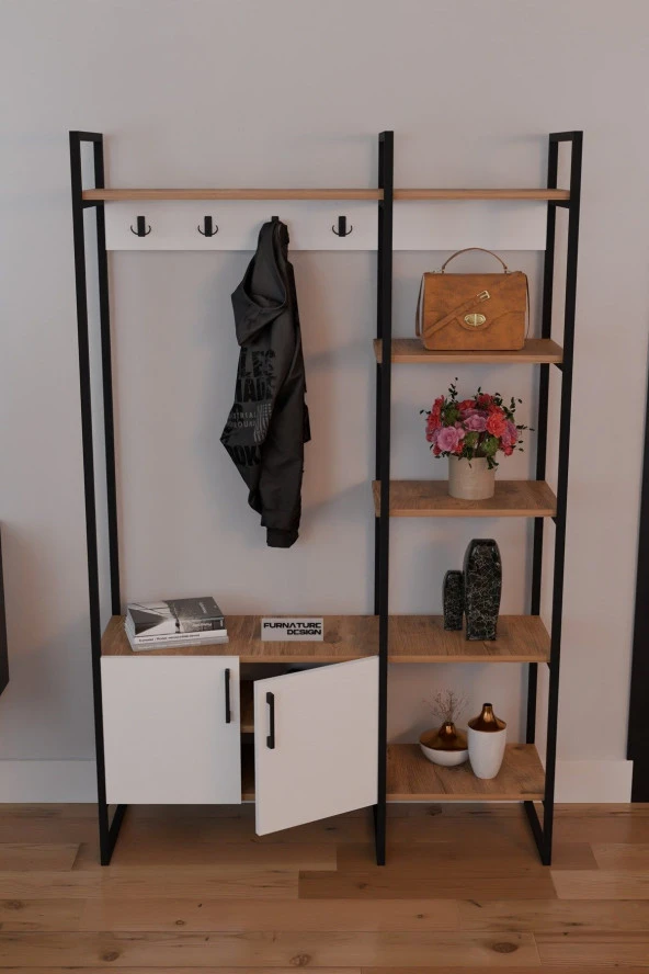 FurnatureDesign Metal Portmanto Elbise Askılığı Ayakkabılık Bölmeli Vestiyer - Atlantik Çam & Beyaz - 2