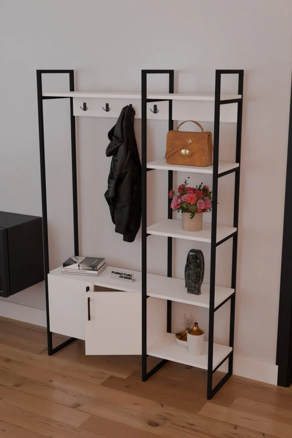 FurnatureDesign Metal Portmanto Elbise Askılığı Ayakkabılık Bölmeli Vestiyer - Beyaz