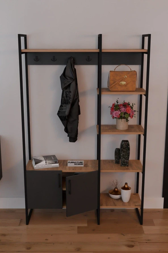 FurnatureDesign Metal Portmanto Elbise Askılığı Ayakkabılık Bölmeli Vestiyer - Atlantik Çam & Antrasit - 2