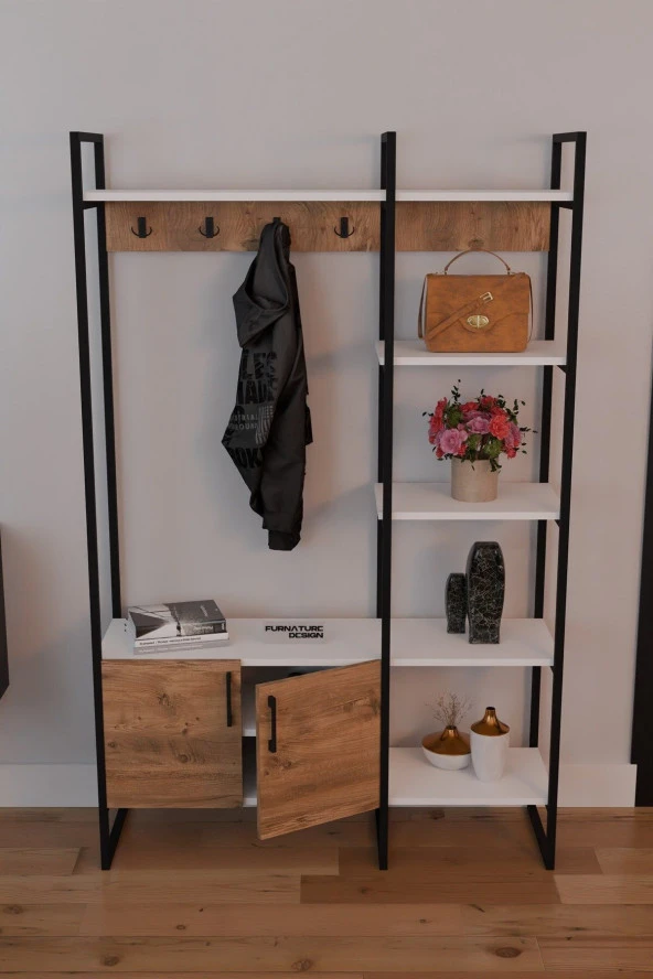 FurnatureDesign Metal Portmanto Elbise Askılığı Ayakkabılık Bölmeli Vestiyer - Beyaz & Atlantik Çam - 2