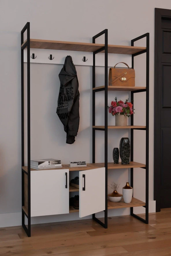 FurnatureDesign Metal Portmanto Elbise Askılığı Ayakkabılık Bölmeli Vestiyer - Atlantik Çam & Beyaz - 3