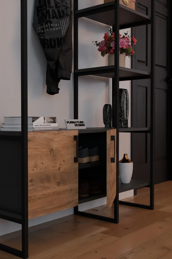 FurnatureDesign Metal Portmanto Elbise Askılığı Ayakkabılık Bölmeli Vestiyer - Antrasit & Atlantik Çam - 4