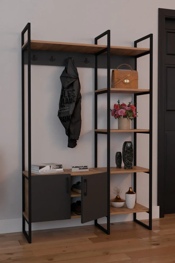 FurnatureDesign Metal Portmanto Elbise Askılığı Ayakkabılık Bölmeli Vestiyer - Atlantik Çam & Antrasit - 3
