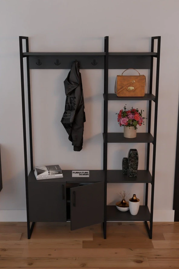 FurnatureDesign Metal Portmanto Elbise Askılığı Ayakkabılık Bölmeli Vestiyer - Antrasit - 2