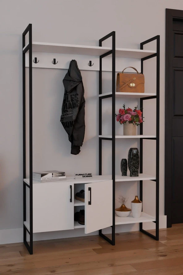 FurnatureDesign Metal Portmanto Elbise Askılığı Ayakkabılık Bölmeli Vestiyer - Beyaz - 3