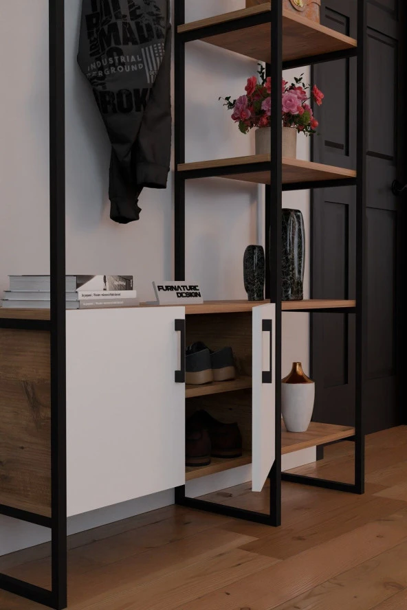FurnatureDesign Metal Portmanto Elbise Askılığı Ayakkabılık Bölmeli Vestiyer - Atlantik Çam & Beyaz - 4