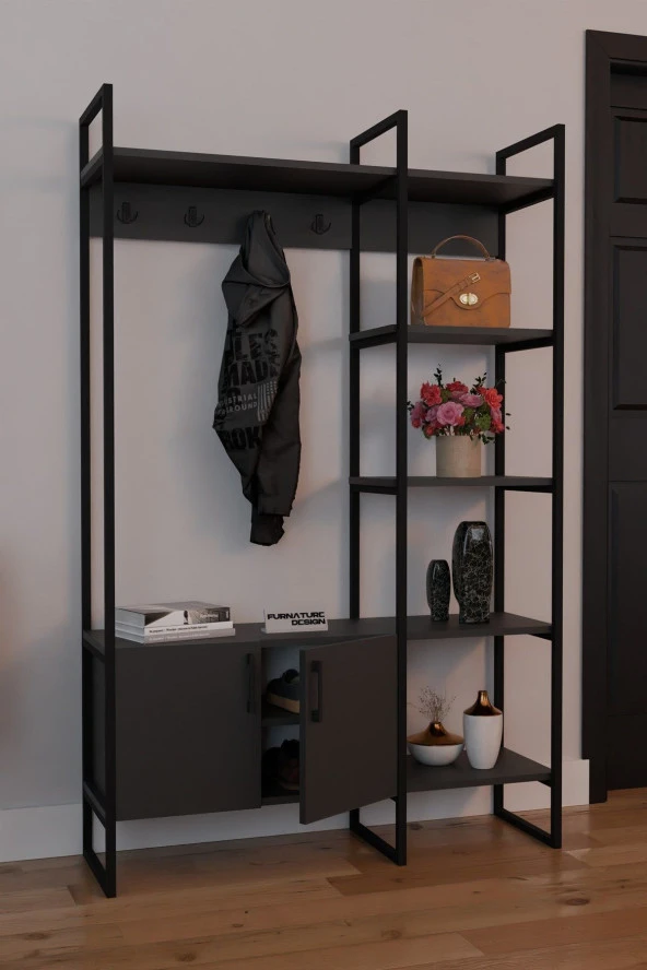 FurnatureDesign Metal Portmanto Elbise Askılığı Ayakkabılık Bölmeli Vestiyer - Antrasit - 3