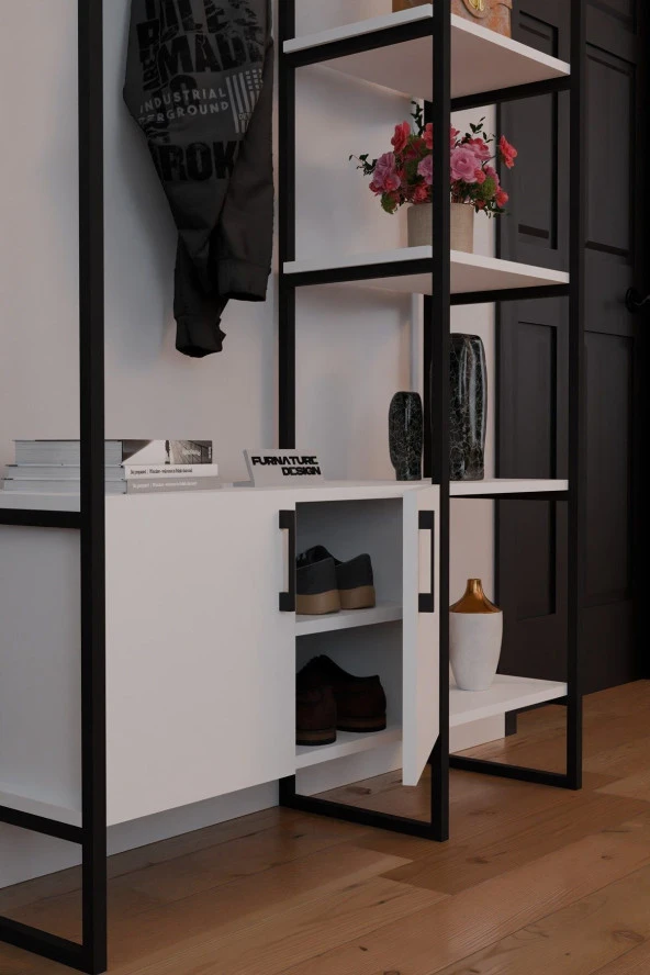 FurnatureDesign Metal Portmanto Elbise Askılığı Ayakkabılık Bölmeli Vestiyer - Beyaz - 4