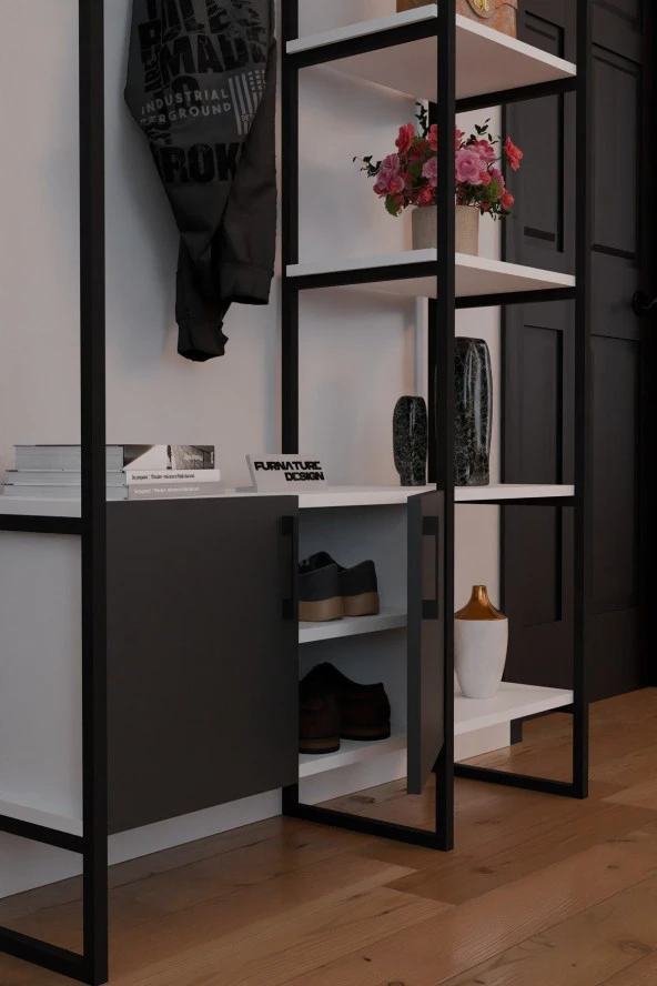 FurnatureDesign Metal Portmanto Elbise Askılığı Ayakkabılık Bölmeli Vestiyer - Beyaz & Antrasit - 4