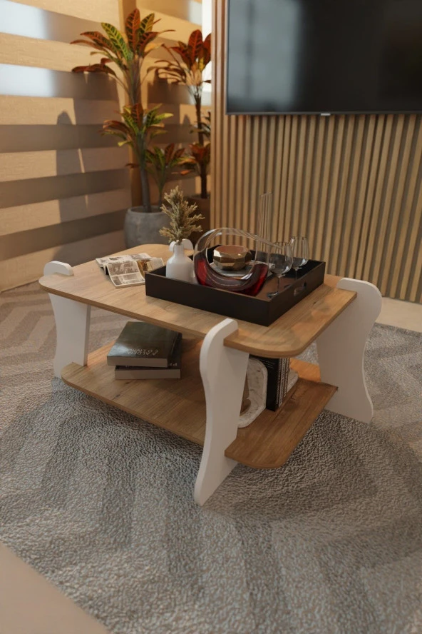 CMKStore Soul Orta Sehpa İki Raflı Dekoratif Orta Sehpa Atlantik Çam - Beyaz - 3