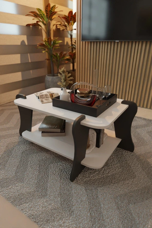 CMKStore Soul Orta Sehpa İki Raflı Dekoratif Orta Sehpa Antrasit - Beyaz - 3