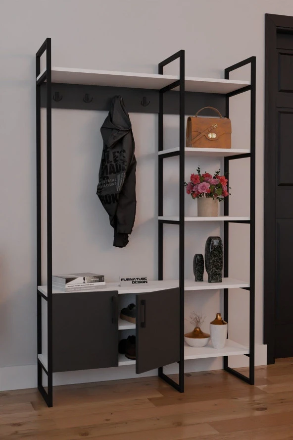 CMKStore Metal Portmanto Elbise Askılığı Ayakkabılık Bölmeli Vestiyer - Beyaz & Antrasit - 3