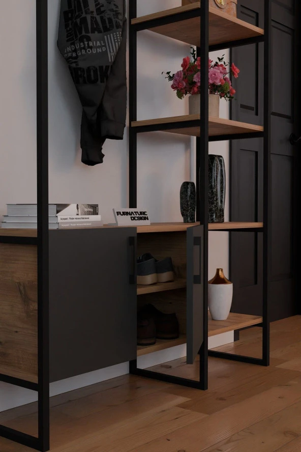 CMKStore Metal Portmanto Elbise Askılığı Ayakkabılık Bölmeli Vestiyer - Atlantik Çam & Antrasit - 4