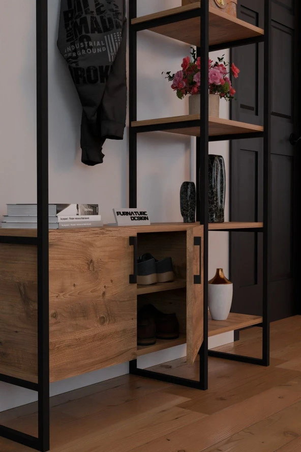 CMKStore Metal Portmanto Elbise Askılığı Ayakkabılık Bölmeli Vestiyer - Atlantik Çam - 4