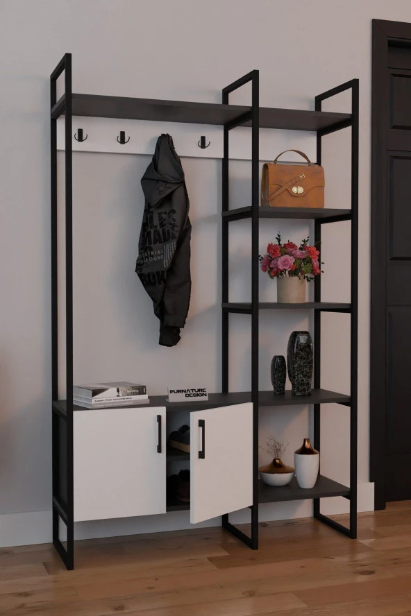 CMKStore Metal Portmanto Elbise Askılığı Ayakkabılık Bölmeli Vestiyer - Antrasit & Beyaz - 3