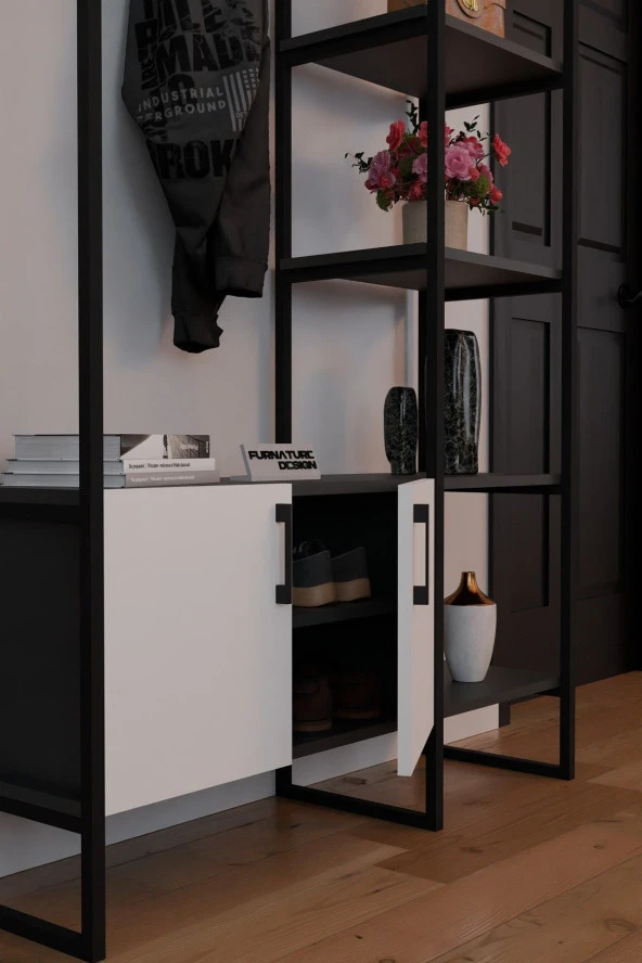 CMKStore Metal Portmanto Elbise Askılığı Ayakkabılık Bölmeli Vestiyer - Antrasit & Beyaz - 4