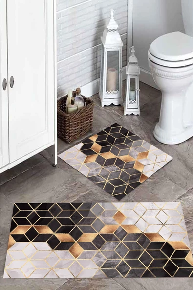 Diadora Üç Boyutlu Mermer Baskılı Banyo Paspas Takımı (50x60-60x100)