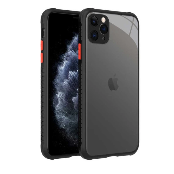 Apple iPhone 11 Pro Max Kılıf Köşe Ve Kamera Korumalı Arkası Şeffaf Renkli Tuşlu Kapak (KAFF)