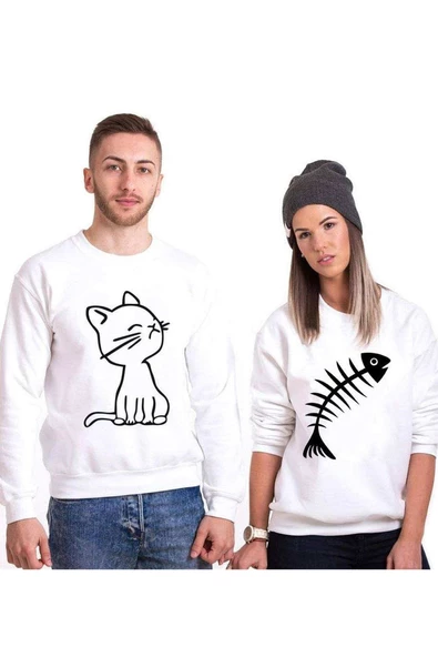 Tshirthane Kedi Ve Balık Cat Fish Sevgili Kombinleri Sweatshirt Kombini