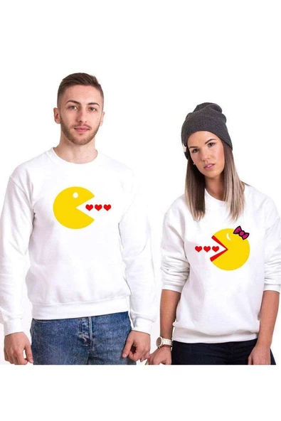Tshirthane Pacman Kalp Sevgili Kombinleri Sweatshirt Kombini