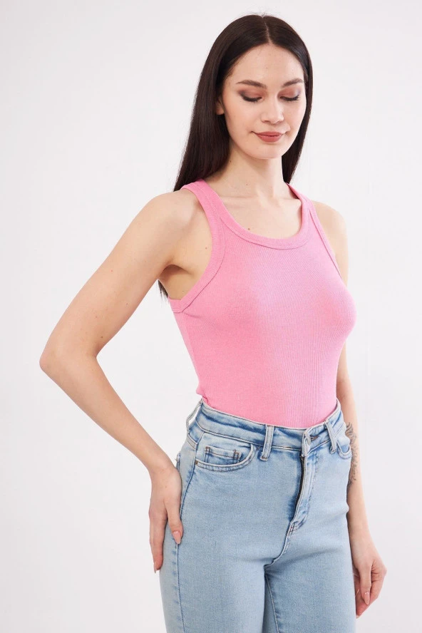 Kadın Pembe Fitilli Likralı T-Shirt Halter Yaka Örme Atlet