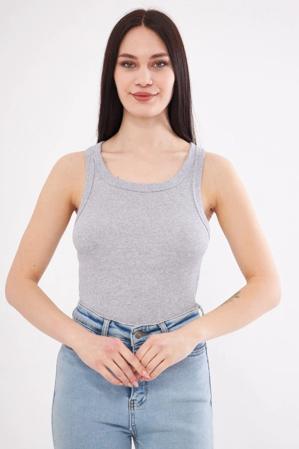 Kadın Gri Fitilli Likralı T-Shirt Halter Yaka Örme Atlet