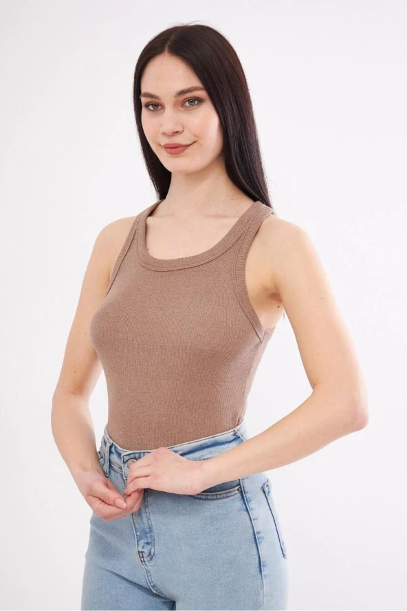 Kadın Vizyon Fitilli Likralı T-Shirt Halter Yaka Örme Atlet