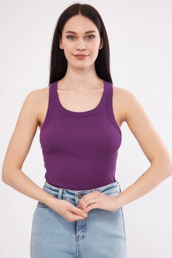Kadın Mor Fitilli Likralı T-Shirt Halter Yaka Örme Atlet