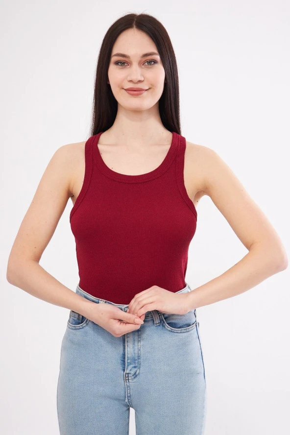 Kadın Bordo Fitilli Likralı T-Shirt Halter Yaka Örme Atlet